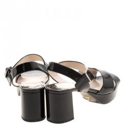 Pre Owned Prada Black Patent Leather Criss Cross Ankle Strap Block Heel Platform Sandals Size 38