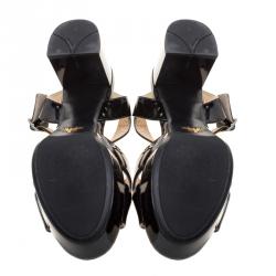 Pre Owned Prada Black Patent Leather Criss Cross Ankle Strap Block Heel Platform Sandals Size 38