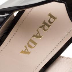 Pre Owned Prada Black Patent Leather Criss Cross Ankle Strap Block Heel Platform Sandals Size 38