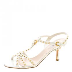 Pre Owned Prada White Studded Leather Strappy Sandals Size 39.5