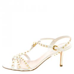 Pre Owned Prada White Studded Leather Strappy Sandals Size 39.5
