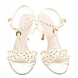 Pre Owned Prada White Studded Leather Strappy Sandals Size 39.5