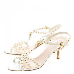 Pre Owned Prada White Studded Leather Strappy Sandals Size 39.5