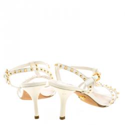 Pre Owned Prada White Studded Leather Strappy Sandals Size 39.5
