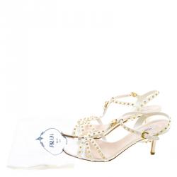 Pre Owned Prada White Studded Leather Strappy Sandals Size 39.5
