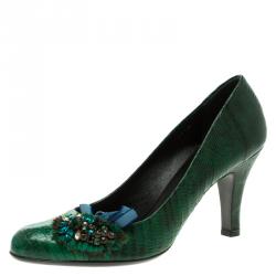 Pre Owned Prada Green Lizard Leather Crystal Embellished Pumps Size 38.5
