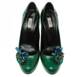 Pre Owned Prada Green Lizard Leather Crystal Embellished Pumps Size 38.5