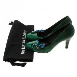 Pre Owned Prada Green Lizard Leather Crystal Embellished Pumps Size 38.5