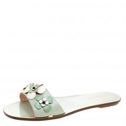 Pre Owned Prada Mint Green Saffiano Leather Floral Embellished Flat Slides Size 38