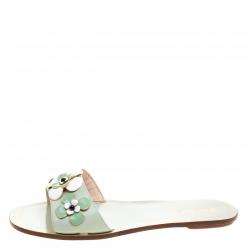Pre Owned Prada Mint Green Saffiano Leather Floral Embellished Flat Slides Size 38