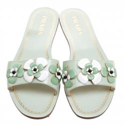 Pre Owned Prada Mint Green Saffiano Leather Floral Embellished Flat Slides Size 38