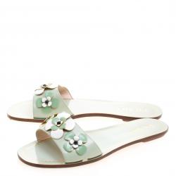 Pre Owned Prada Mint Green Saffiano Leather Floral Embellished Flat Slides Size 38