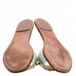 Pre Owned Prada Mint Green Saffiano Leather Floral Embellished Flat Slides Size 38