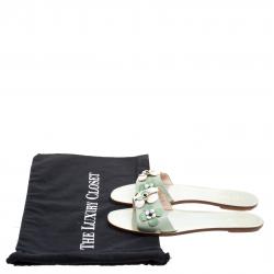 Pre Owned Prada Mint Green Saffiano Leather Floral Embellished Flat Slides Size 38