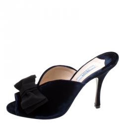 Pre Owned Prada Navy Blue Velvet Grosgrain Peep Toe Mules Size 40