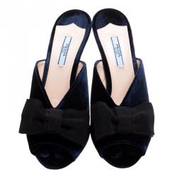 Pre Owned Prada Navy Blue Velvet Grosgrain Peep Toe Mules Size 40