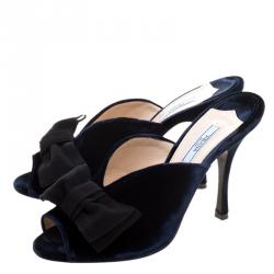Pre Owned Prada Navy Blue Velvet Grosgrain Peep Toe Mules Size 40