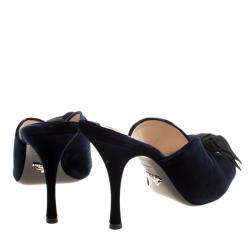 Pre Owned Prada Navy Blue Velvet Grosgrain Peep Toe Mules Size 40