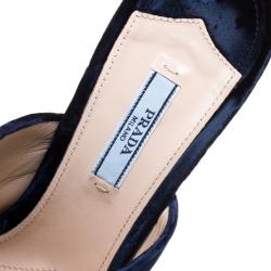 Pre Owned Prada Navy Blue Velvet Grosgrain Peep Toe Mules Size 40