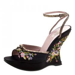 Pre Owned Prada Black Floral Embroidered Satin Peep Toe Wedge Sandals Size 37