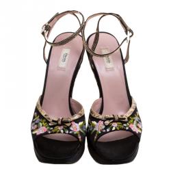 Pre Owned Prada Black Floral Embroidered Satin Peep Toe Wedge Sandals Size 37
