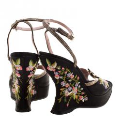 Pre Owned Prada Black Floral Embroidered Satin Peep Toe Wedge Sandals Size 37