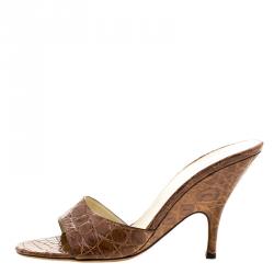 Pre Owned Prada Brown Alligator Mules Slides Size 37