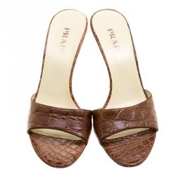 Pre Owned Prada Brown Alligator Mules Slides Size 37