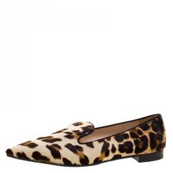 Pre Owned Prada Leopard Print Calf Hair Smoking Slippers Size 36.5
