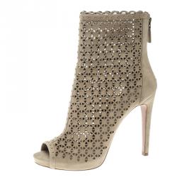 Pre Owned Prada Beige Suede Laser Cut Peep Toe Boots Size 39.5