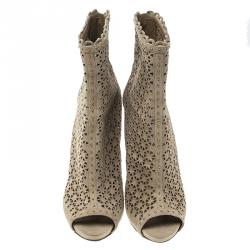 Pre Owned Prada Beige Suede Laser Cut Peep Toe Boots Size 39.5