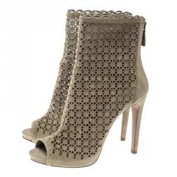 Pre Owned Prada Beige Suede Laser Cut Peep Toe Boots Size 39.5
