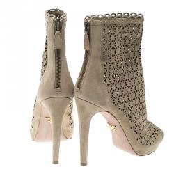 Pre Owned Prada Beige Suede Laser Cut Peep Toe Boots Size 39.5