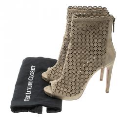 Pre Owned Prada Beige Suede Laser Cut Peep Toe Boots Size 39.5