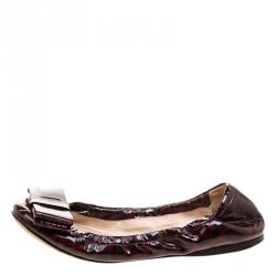 Pre Owned Prada Dark Burgundy Leopard Print Patent Leather Bow Ballet Flats Size 35.5