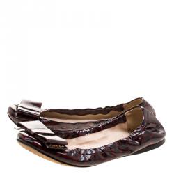 Pre Owned Prada Dark Burgundy Leopard Print Patent Leather Bow Ballet Flats Size 35.5
