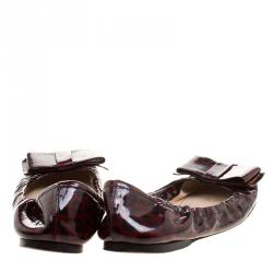 Pre Owned Prada Dark Burgundy Leopard Print Patent Leather Bow Ballet Flats Size 35.5