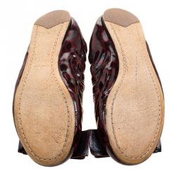Pre Owned Prada Dark Burgundy Leopard Print Patent Leather Bow Ballet Flats Size 35.5