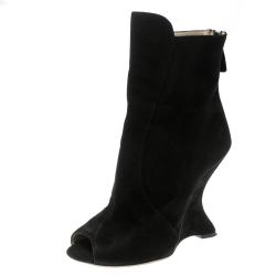 Pre Owned Prada Black Suede Peep Toe Wedge Ankle Boots Size 36