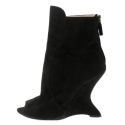 Pre Owned Prada Black Suede Peep Toe Wedge Ankle Boots Size 36