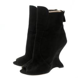 Pre Owned Prada Black Suede Peep Toe Wedge Ankle Boots Size 36