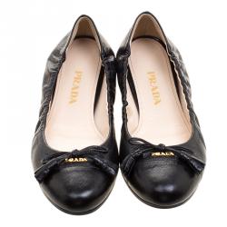 Pre Owned Prada Black Leather Bow Ballet Flats Size 38