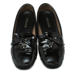 Pre Owned Prada Black Patent Leather Bow Loafers Size 37.5