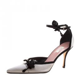 Pre Owned Prada Grey Satin Floral Embellished Pointed Toe Ankle Strap D'orsay Pumps Size 36.5