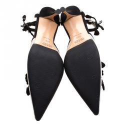 Pre Owned Prada Grey Satin Floral Embellished Pointed Toe Ankle Strap D'orsay Pumps Size 36.5