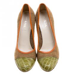 Pre Owned Prada Multicolor Woven Raffia and Alligator Cap Toe Pumps Size 36.5