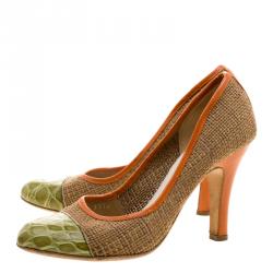 Pre Owned Prada Multicolor Woven Raffia and Alligator Cap Toe Pumps Size 36.5