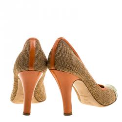 Pre Owned Prada Multicolor Woven Raffia and Alligator Cap Toe Pumps Size 36.5