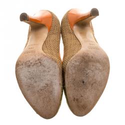 Pre Owned Prada Multicolor Woven Raffia and Alligator Cap Toe Pumps Size 36.5