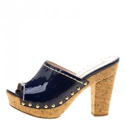 Prada Oxford Blue Patent Leather Cork Heel Peep Toe Slide Sandals Size 36.5